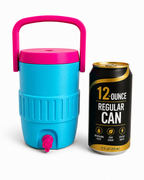 Blue cooler with pink lid and handle next to a 12-ounce can on a white background
