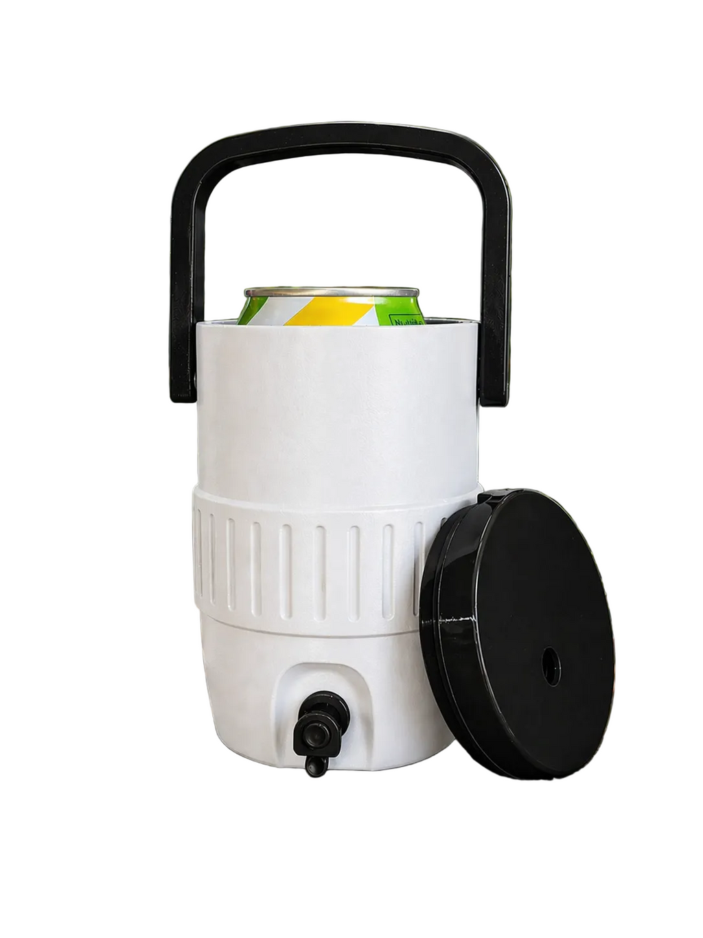 White cooler with black handle and lid on a wooden table outdoors