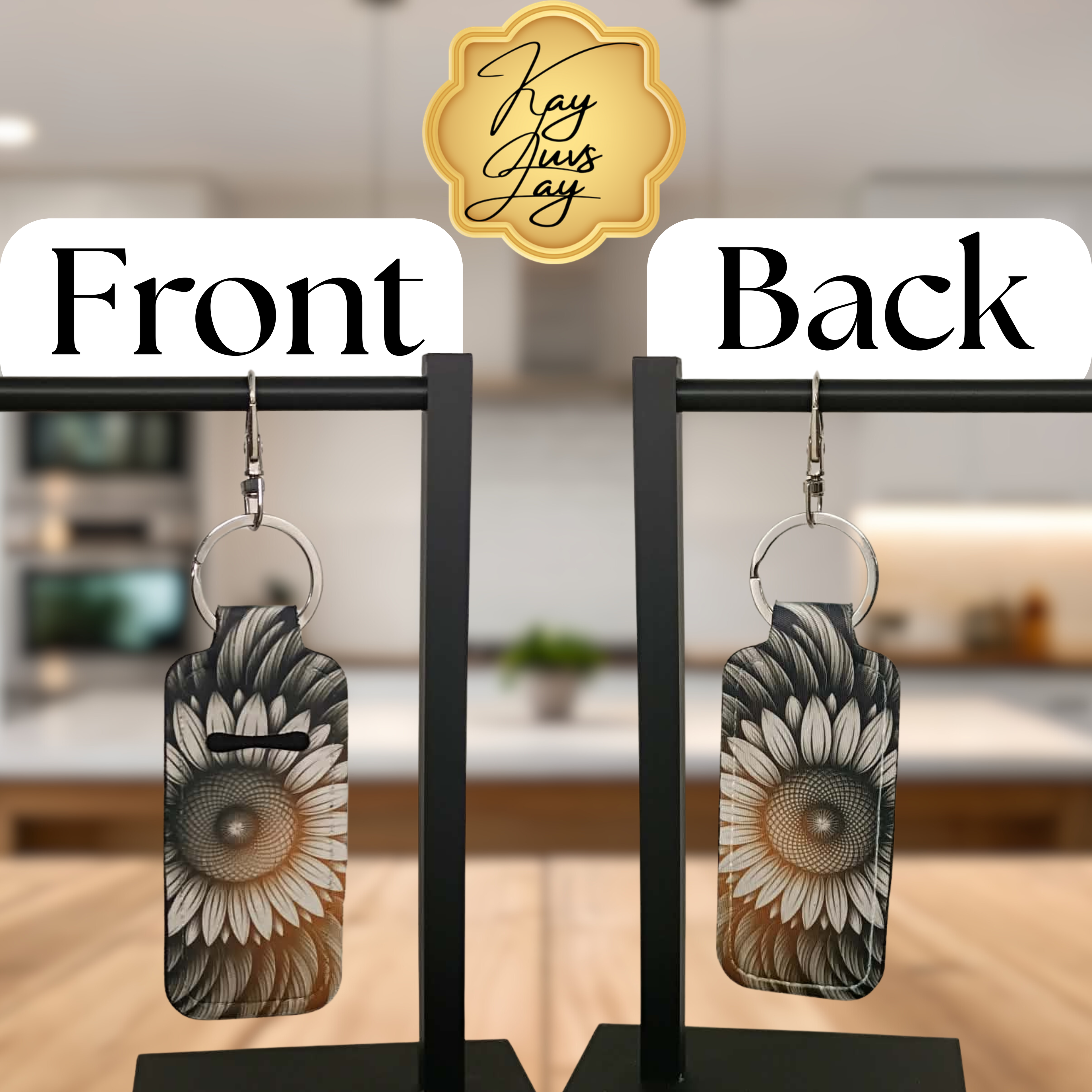 Neutral Sunflower Chapstick Holder Keychain – Double Sided Rustic Floral Design