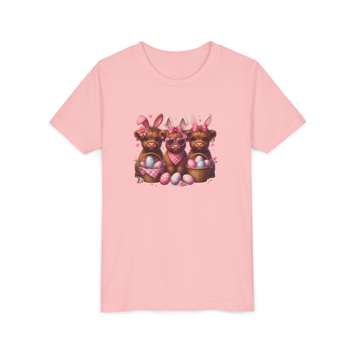 Youth Tee with Bunny Highland Cows and Easter Eggs