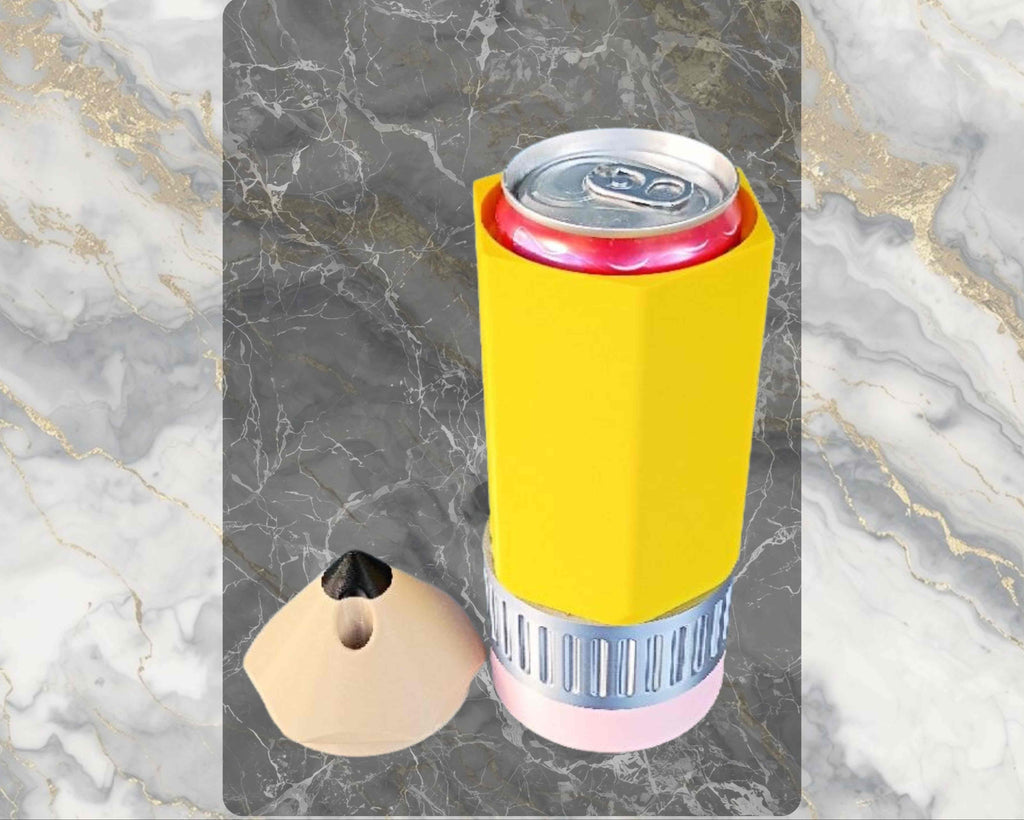 Yellow can cooler with a pink base on a marble background, labeled '16 oz Skinny'.
