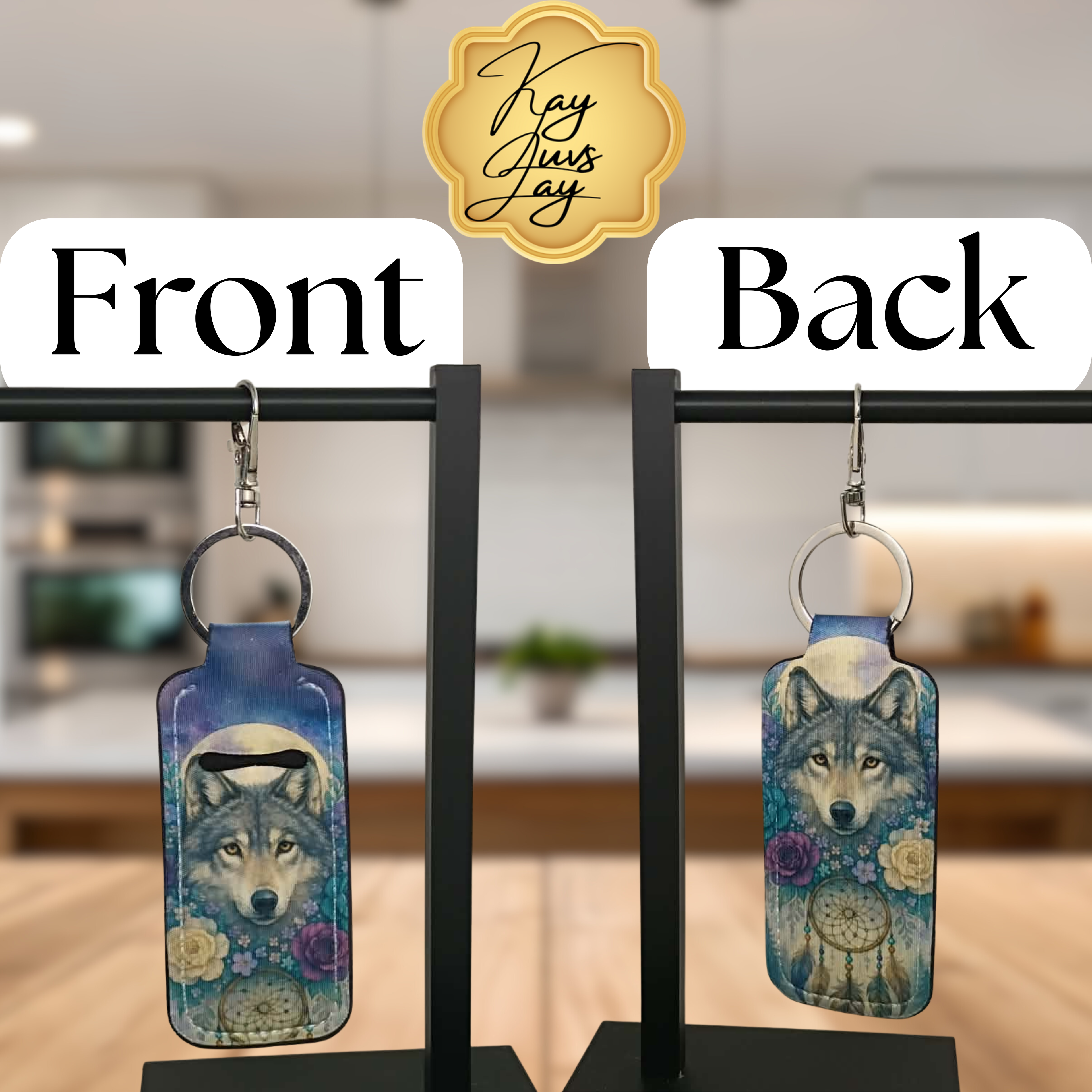 Mystic Wolf Chapstick Holder Keychain – Double Sided Moon & Dreamcatcher Design