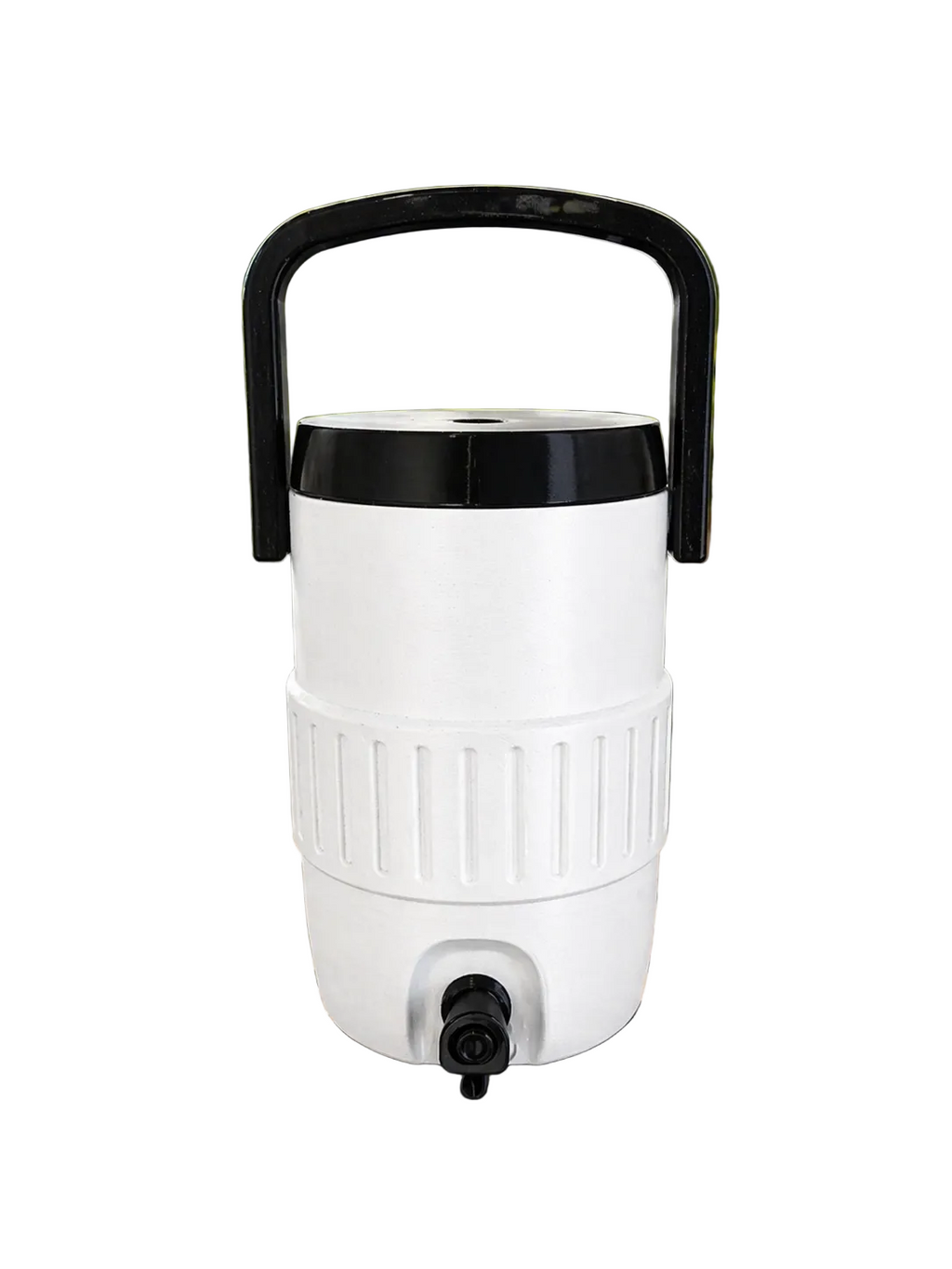 White beverage cooler with black handle and spigot on a wooden table outdoors.