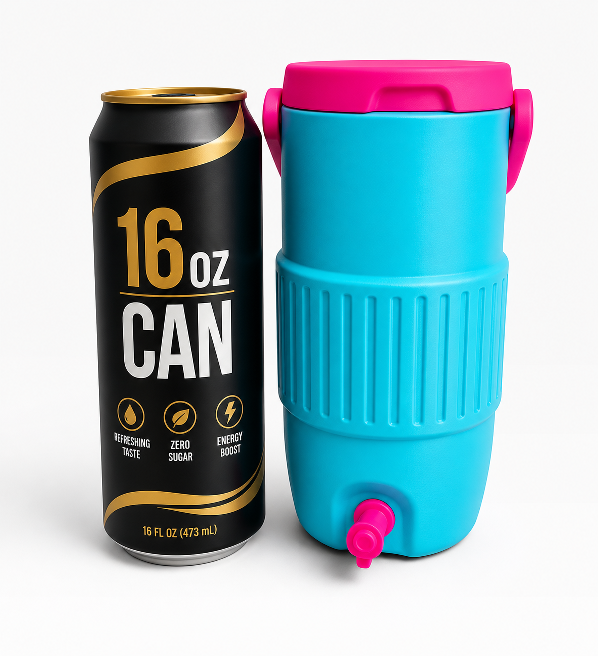 16 oz can and blue insulated drink container with pink lid on a white background