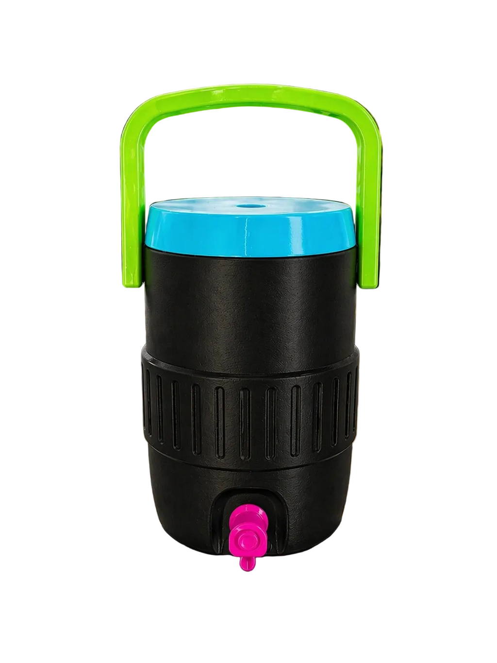 Black water dispenser with blue top and green handle on a wooden surface outdoors.