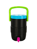 Black water dispenser with blue top and green handle on a wooden surface outdoors.