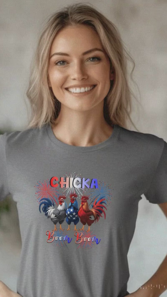 Chicka Boom Boom 4th of July Shirt - Funny Patriotic Chicken T-Shirt for Women - Red White Blue Rooster Tee - Independence Day Outfit